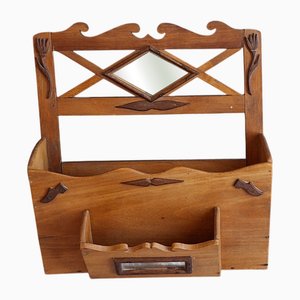 Antique Newspaper Holder in Beech Wood with Walnut Applications, 1890s