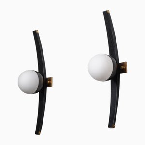 Vintage Italian Sconces in Brass and Black Lacquered Wood from Stilnovo, 1950s, Set of 2