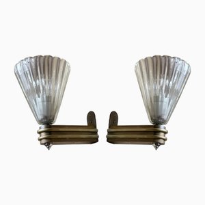 Vintage Italian Torpedo Wall Lights in Fluted Glass and Polished Brass, 1930s, Set of 2