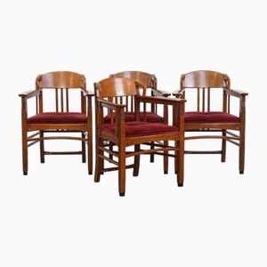 Art Nouveau Dining Chairs with Luxurious Red Fabric Upholstery, Set of 4
