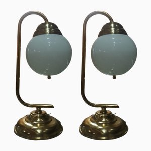 Vintage Art Deco Brass and Opaline Glass Table Lamps, 1970s, Set of 2