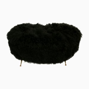 Mid-Century Modern Italian Wooden and Goat Fur Bench, 1960s