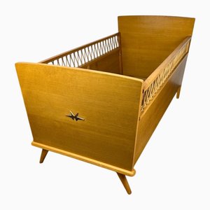 Bohemian Wooden and Rattan Childrens Bed, 1960s