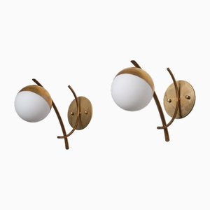Italian Sconces in Brass with Opaline Glass Globes, 1950s, Set of 2