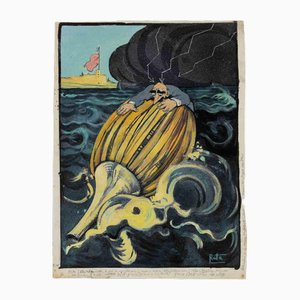 Gabriele Galantara, Eine Flasche im Meer, Mixed Media Drawing, Anfang des 20. Jahrhunderts