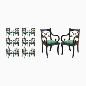 Vintage English Regency Green Velvet Dining Chairs, Set of 14