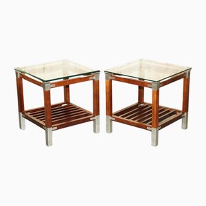 Vintage Hardwood Pewter and Glass Side Tables by Pierre Vandel, Set of 2