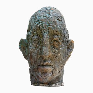Ceramic Expressionist Head in Refractory Stoneware with Copper Glaze, 2010s