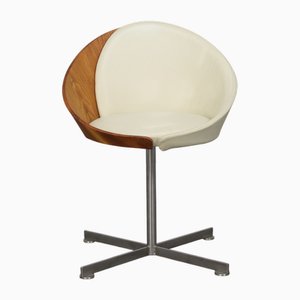 Sedia Mid-Century moderna rotonda in teak, pelle e acciaio, anni '60