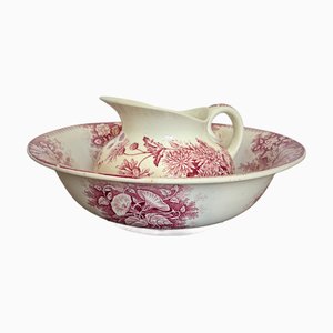 Juego de jarra y cuenco franceses antiguos de Longwy & Sarreguemines, década de 1890. Juego de 2