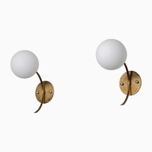 Vintage Italian Brass Sconces with Opaline Glass Globes, 1950s, Set of 2