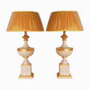 Vintage French Table Lamps in White and Gold Ceramic, 1970s, Set of 2