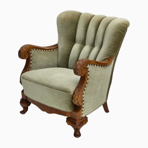 Poltrona in legno di quercia intagliato e velluto verde, Danimarca, anni '60