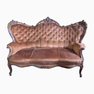 Sofá neorrococó antiguo con estructura de nogal, década de 1800