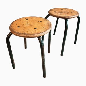 Vintage French Industrial Stackable Workshop Stools in Green Tubular Steel Frame with Beech Plywood Seat, 1960s, Set of 2
