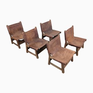 Spanische Vintage Leder & Eichenholz Stühle, 1960er, 5er Set