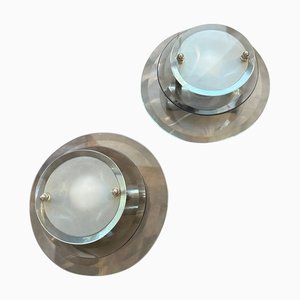 Space Age Italian Glass and Chromed Metal Wall Sconces attributed to Veca, 1960s, Set of 2