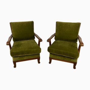 Set of Wooden and Green Velvet Chairs, 1950s