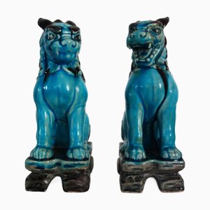 Perros Komainu japoneses vintage de cerámica esmaltada en verde y turquesa. Juego de 2
