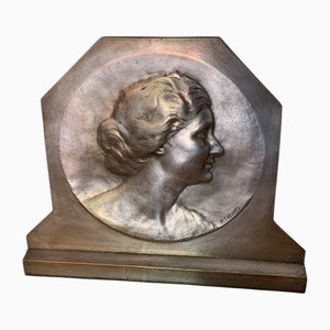 Large Art Deco Silvered Bronze Plaque on an Oak Base by Pierre Theunis, Belgium