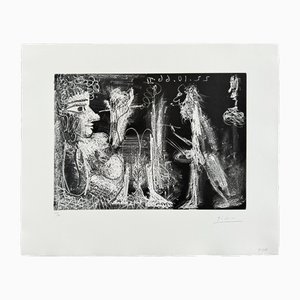 Pablo Picasso, Pittore e modello con bocchino, 1968, Acquaforte e acquerello