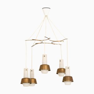 Ceiling Lamp in Brass, Cane and Opaline Glass from Nordisk Solar, 1950s