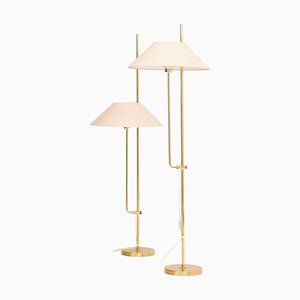 Floor Lamps in Brass and Original Lamp Shades from Bergboms, 1970s, Set of 2