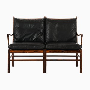 Loveseat Sofa in Rosewood with Woven Cane and Original Leather by Ole Wanscher, 1960s