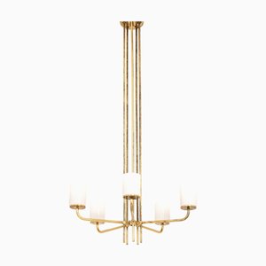 Ceiling Lamp in Brass and Opaline Glass in the style of Paavo Tynell, 1950s
