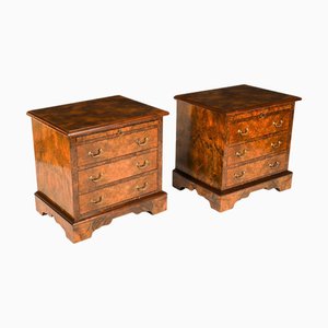 Vintage 20th Century Burr Walnut Bedside Chests Cabinets with Slides, Set of 2