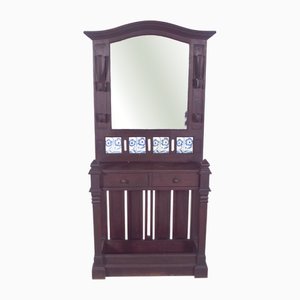 Vintage Portuguese Coat Rack with Tiles and Mirror, 1920s