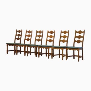 Brutalistische Vintage Eichenholz Stühle im Stil von Henning Kjærnulf, 1960er, 6er Set