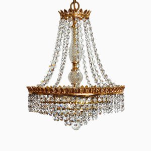 Brass and Lead Crystal 3-Flame Chandelier from Palwa, 1950s
