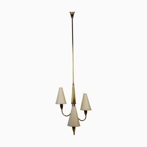 Small Mid-Century Modern Chandelier in Brass with Three Paper Shades from Rupert Nikoll, 1959