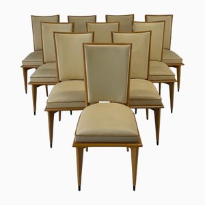 Art Deco Chairs in Maple and Cream Leather, 1930s, Set of 10
