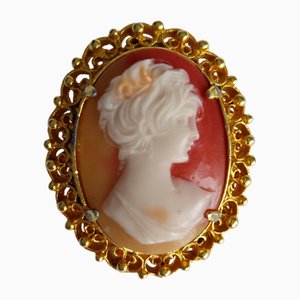 Vintage Oval Cameo Lady Gold Tone Brooch, 1930s