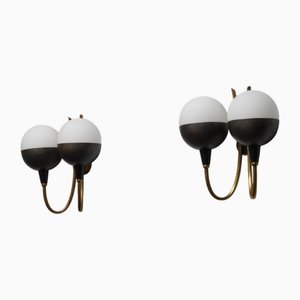 Italian Wall Sconces in Brass and Opaline Glass, 1950s, Set of 2