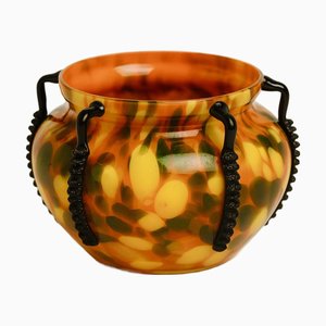 Art Deco Spotted Blown Glass Vase with Applied Black Handles, 1920s