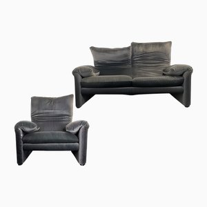 Graues Vintage Maralunga Samtsofa mit Sessel von Vico Magistretti für Cassina, 1970er, 2er Set