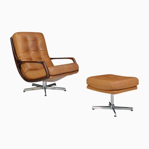 Set of Swivel Lounge Chair and Ottoman in Cognac Leather attributed to Eugen Schmidt, Germany, 1970s, Set of 2