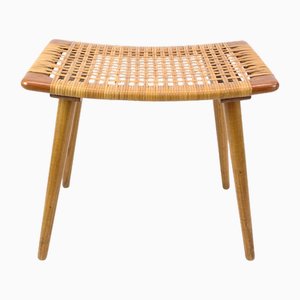 Sgabello in teak e vimini salvia, Danimarca, anni '60