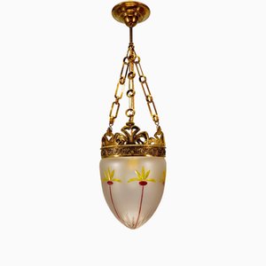 French Art Nouveau Frosted and Cut Glass Pendant Light with Bronze Mount, 1920s