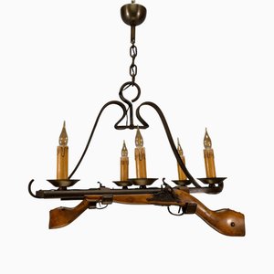 French Rustic Lodge Style Wrought Iron Six-Light Chandelier, 1970s