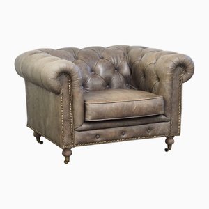 English Chesterfield Gray Cowhide Club Armchair on Wheels