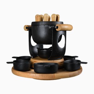 Mid-Century Modern Cast Iron and Wood Fondue Set by Richard Nissen for Bodum, 1960s, Set of 18