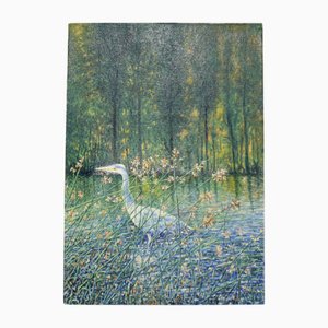 Artista francese, Uccello della gru impressionista, Olio su tela, inizio XXI secolo