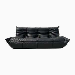 Divano Togo in pelle nera, Francia, attribuito a Michel Ducaroy per Ligne Roset, anni '70