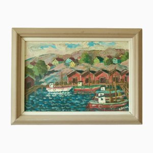 Göte Johansson, Fiskeläge Bohuslän, Mid-20th Century, Oil on Panel, Framed