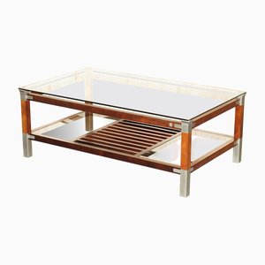 Vintage Hardwood Pewter and Glass Coffee Table by Pierre Vandel