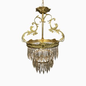 Lustre Cascade Antique en Laiton et Cristal